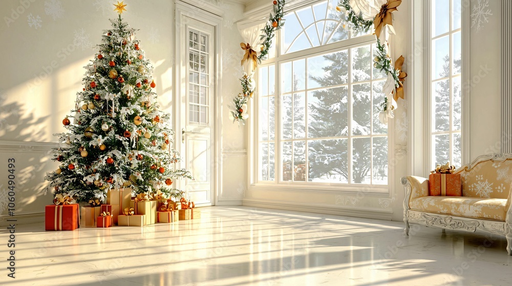 A cozy, sunlit room decorated for Christmas, featuring a beautifully adorned tree, gifts, and large windows overlooking a winter landscape. A cozy, sunlit room decorated for Christmas, featuring a beautifully adorned tree, gifts, and large windows overlooking a winter landscape.
