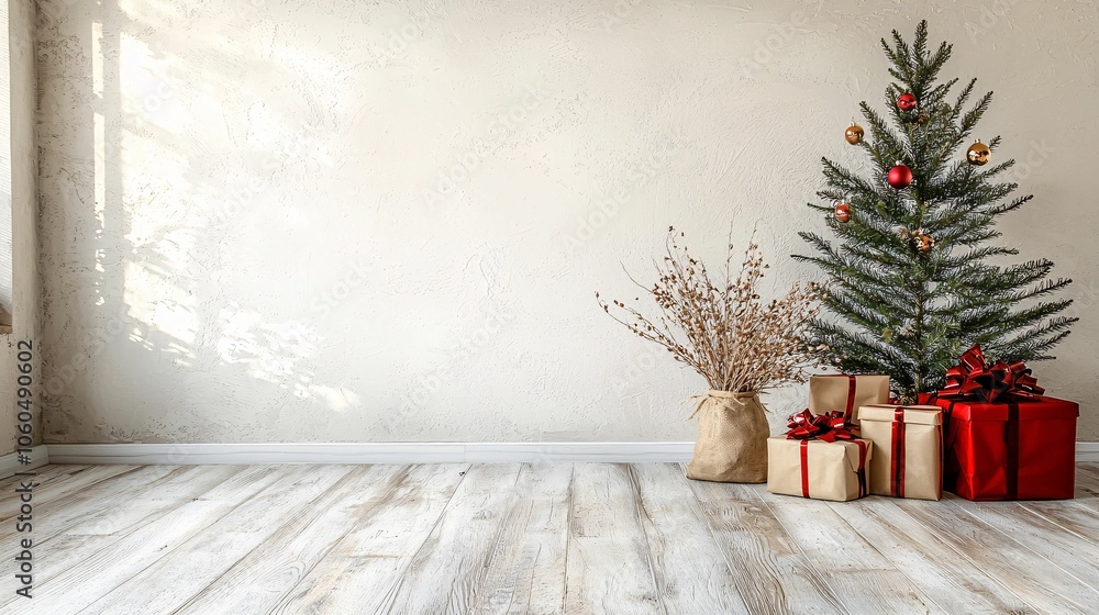 A cozy holiday scene featuring a decorated Christmas tree, gifts, and minimalistic decor in a bright, airy room. A cozy holiday scene featuring a decorated Christmas tree, gifts, and minimalistic decor in a bright, airy room.