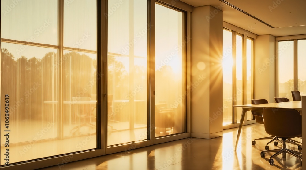 Fototapeta premium Natural Light Through Office Windows: Sunlight streaming through large office windows, creates a bright and airy feel. This background symbolizes transparency and a positive workplace.