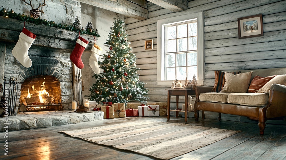Fototapeta premium A cozy winter living room decorated for Christmas, featuring a festive tree, stockings, a warm fireplace, and inviting furniture.