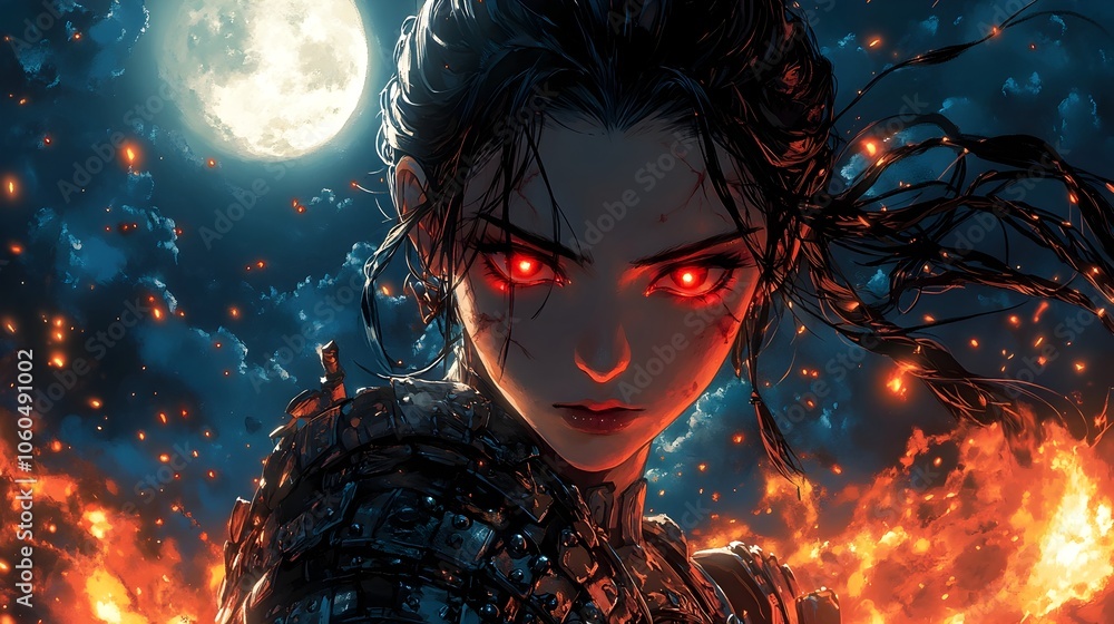 Fierce Warrior Woman with Glowing Red Eyes and Fiery Embers Swirling in Moonlit Night Anime Fierce Warrior Woman with Glowing Red Eyes and Fiery Embers Swirling in Moonlit Night Anime