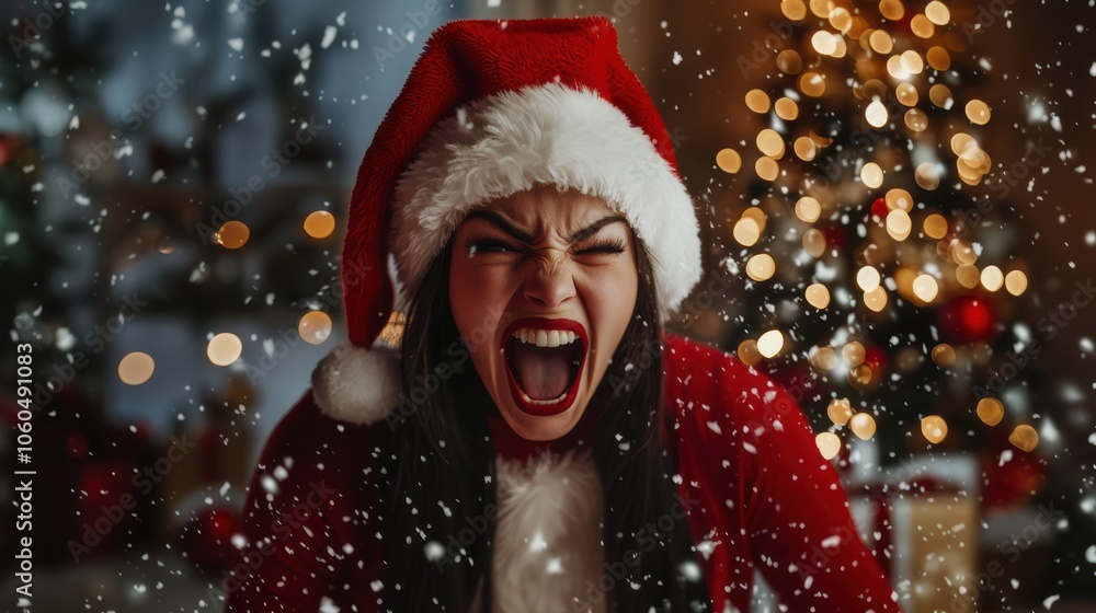 A woman in a Santa hat shows deep emotions at winter festivities A woman in a Santa hat shows deep emotions at winter festivities