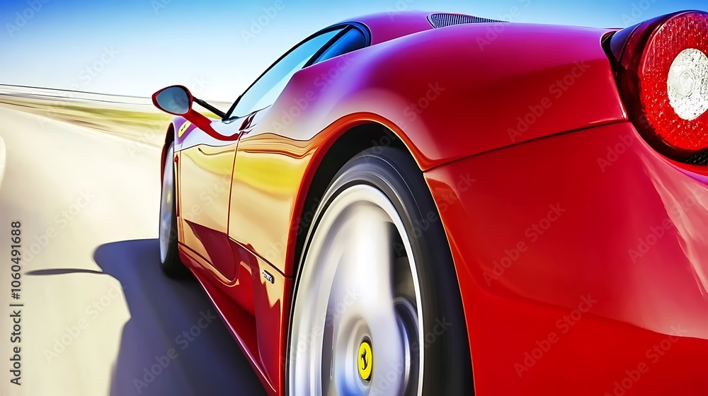 Dynamic shot of a sports car speeding down an open road with motion blur. Dynamic shot of a sports car speeding down an open road with motion blur.