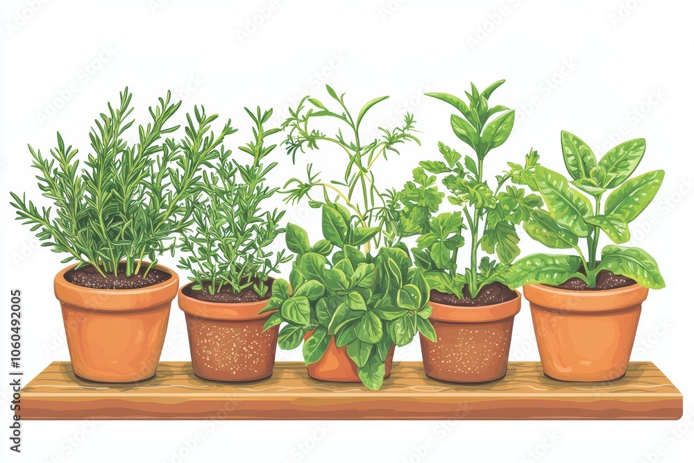 Fototapeta premium Herbs in terracotta pots on a wooden shelf, white isolated background.
