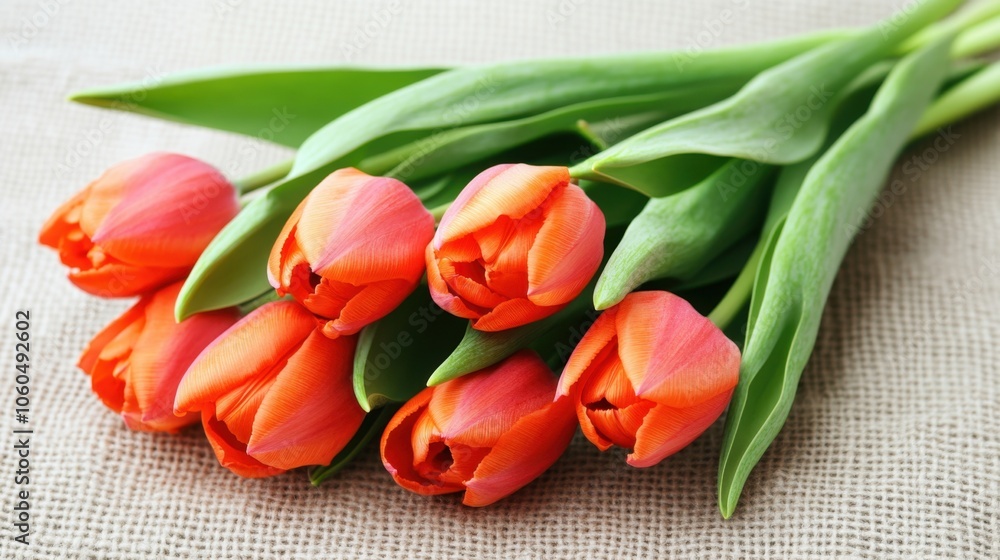 Obraz premium Close-up of orange tulips on a soft cotton background, showing each wrinkle and petal vein in detail