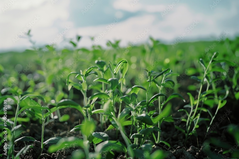 A close-up of young plants growing in a field. The image captures the early stage of agriculture, highlighting the life underground. A close-up of young plants growing in a field. The image captures the early stage of agriculture, highlighting the life underground.