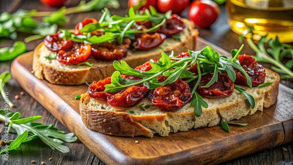 Sun-dried tomato and arugula bruschetta, a simple yet flavorful snack, atop a rustic wooden board, creating a delightful culinary experience. Sun-dried tomato and arugula bruschetta, a simple yet flavorful snack, atop a rustic wooden board, creating a delightful culinary experience.