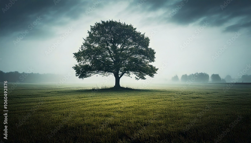 Alone tree on the field on a foggy day realistic illustration Alone tree on the field on a foggy day realistic illustration