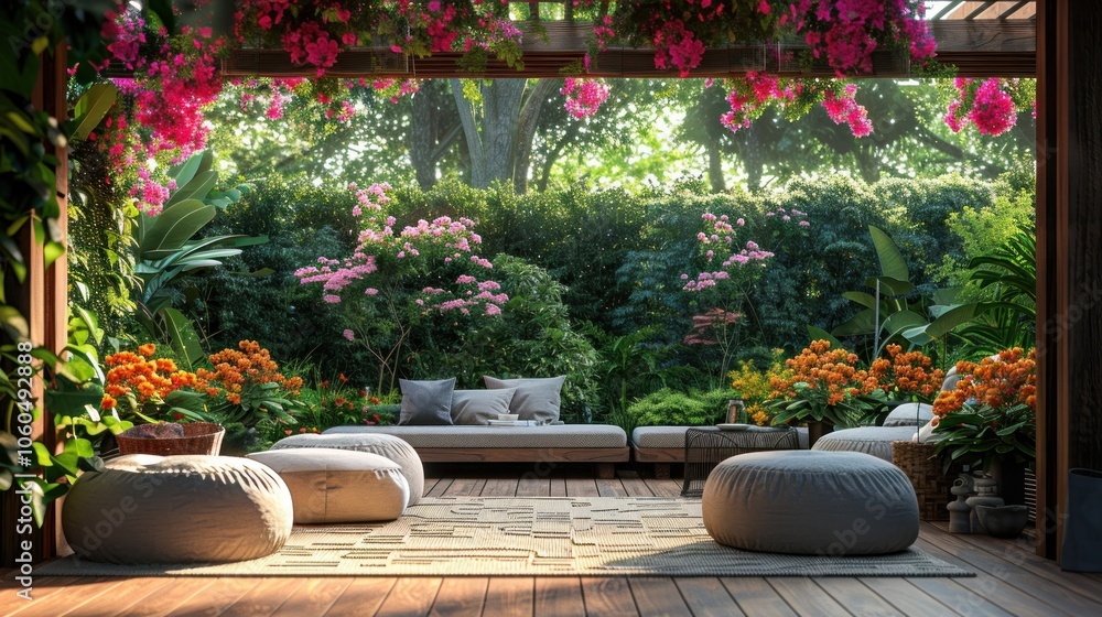 Obraz premium A covered patio with comfortable seating, colorful flowers, and lush greenery.