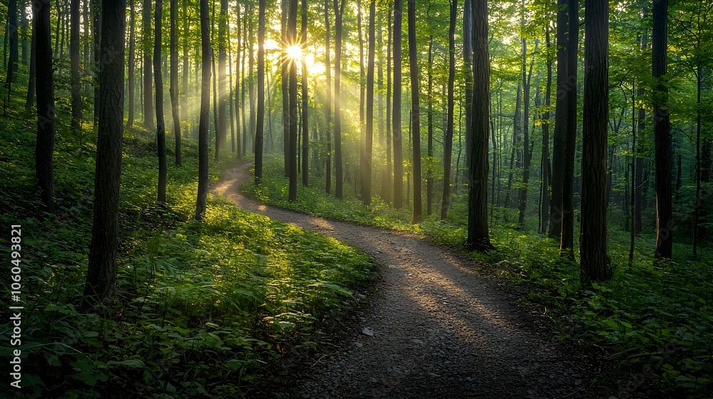 Naklejka premium Winding Trail Through Lush Forest With Sun Rays Breaking Through the Canopy