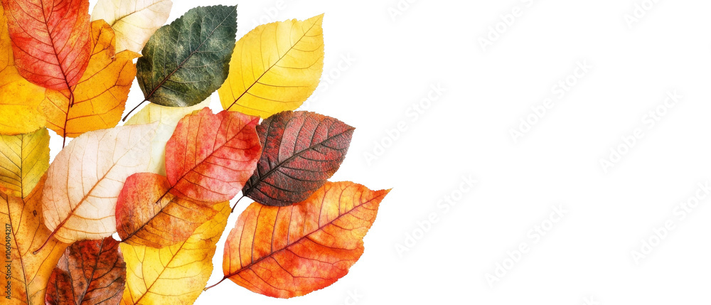 Obraz premium Colorful autumn leaves arranged on a transparent background showcasing vibrant hues of red, orange, yellow, and green