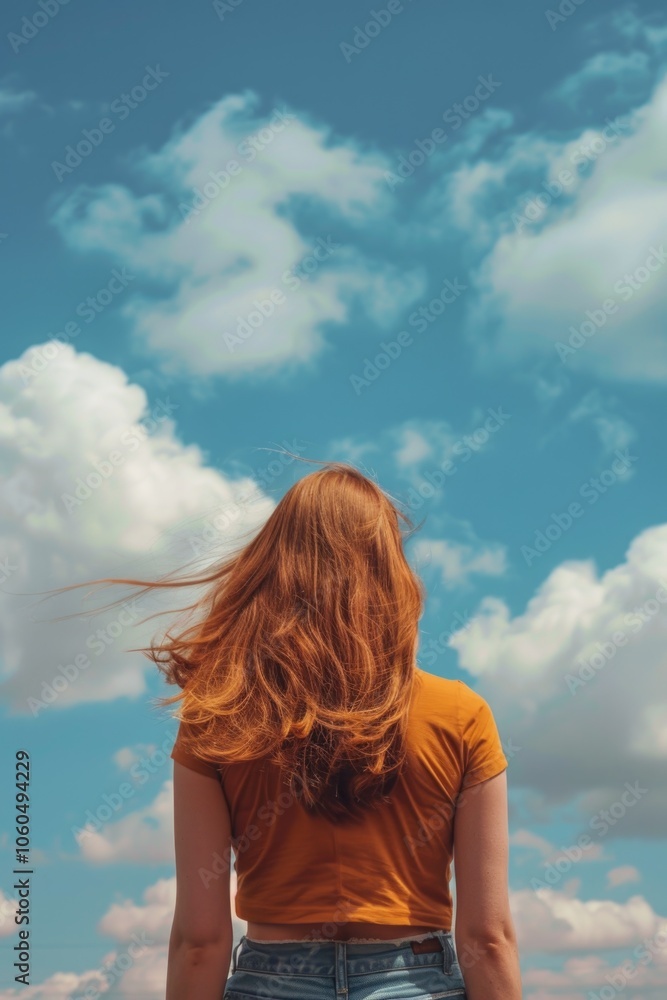 A woman with flowing hair gazes at the sky with dreamy eyes. A woman with flowing hair gazes at the sky with dreamy eyes.