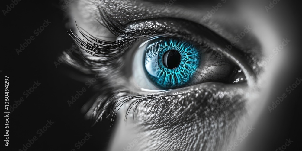 Obraz premium A close-up photograph of a human iris with vivid blue color against a dark, high-contrast background.
