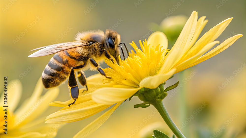 close up of bee collecting nectar from vibrant yellow flower, showcasing intricate details of bee body and delicate petals. This captures beauty of nature and important role of pollinators close up of bee collecting nectar from vibrant yellow flower, showcasing intricate details of bee body and delicate petals. This captures beauty of nature and important role of pollinators