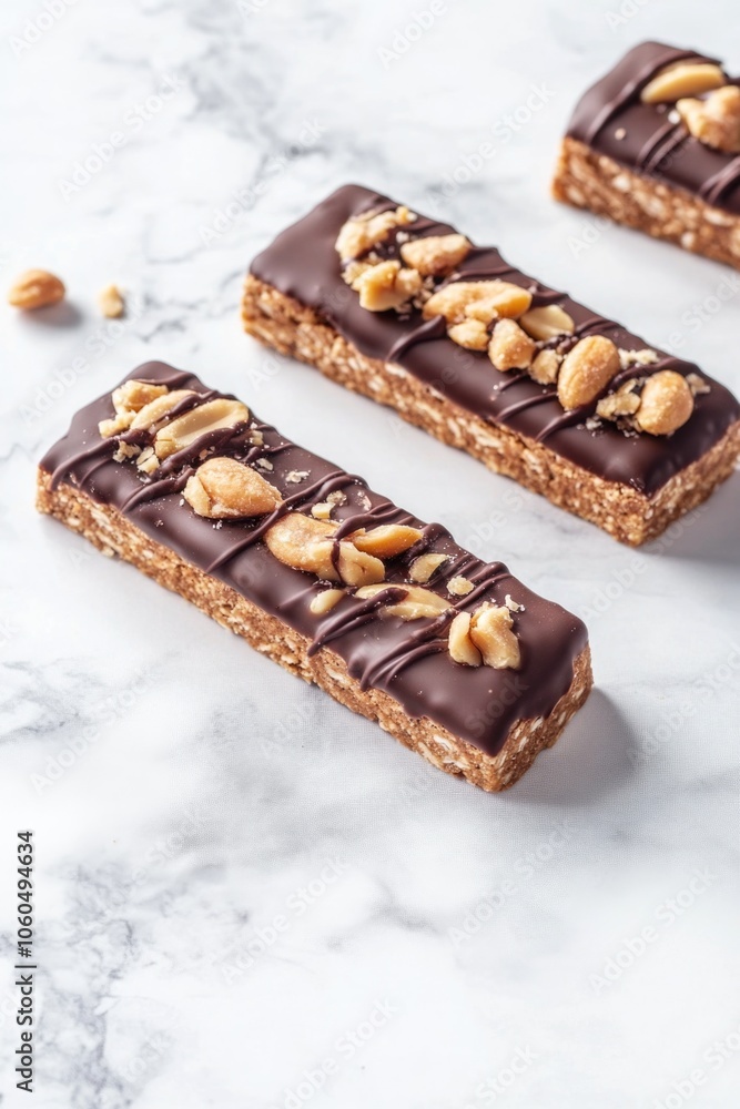 Three chocolate-dipped granola bars with a peanut topping. Three chocolate-dipped granola bars with a peanut topping.
