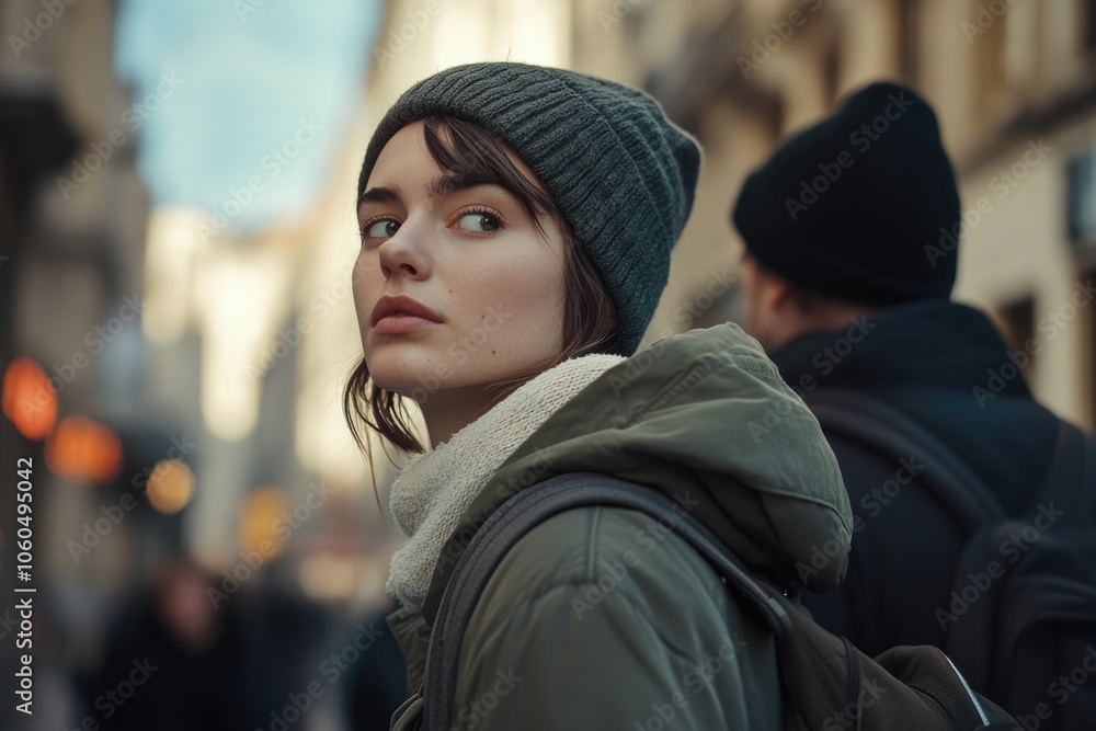 Young adult woman in beanie and backpack, looking off to the side with contemplative expression. Young adult woman in beanie and backpack, looking off to the side with contemplative expression.