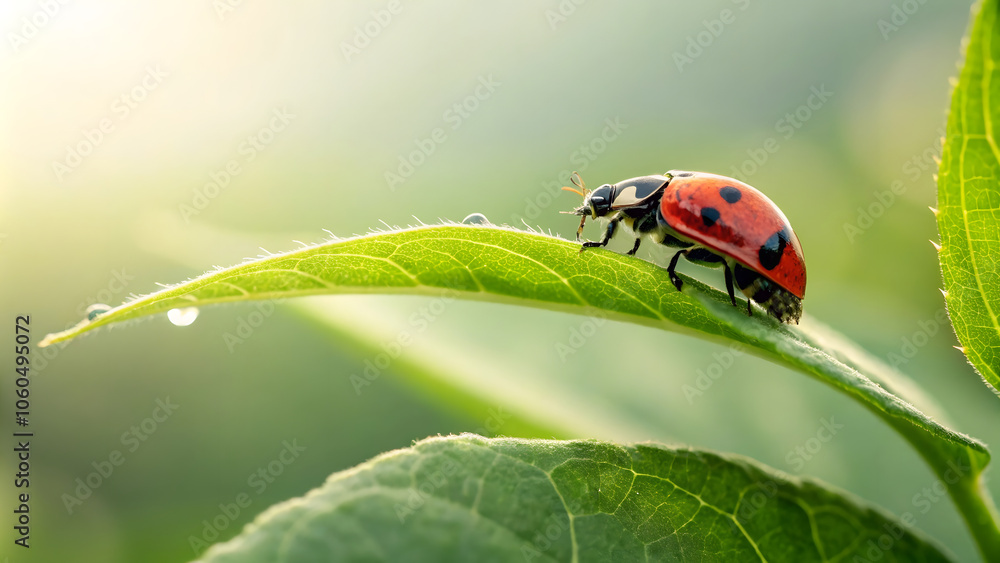 vibrant red ladybug with black spots rests on green leaf, glistening with dew drops. soft sunlight creates serene atmosphere, highlighting beauty of nature vibrant red ladybug with black spots rests on green leaf, glistening with dew drops. soft sunlight creates serene atmosphere, highlighting beauty of nature