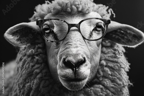 A humorous image of an adorable sheep wearing glasses, looking surprised or puzzled. photo