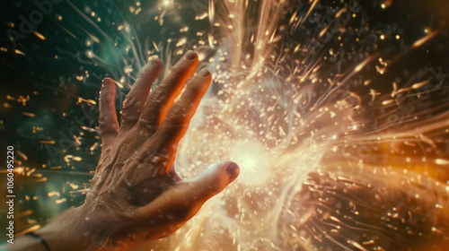 A close-up of a personâs hand reaching through a portal, with their fingers turning into energy or particles. photo