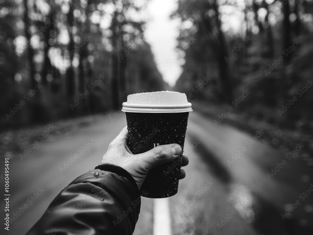 A person holding a cup of coffee while on the road, perhaps on a long journey or taking a break from work. The image conveys the idea of comfort and warmth during travel or busy days. A person holding a cup of coffee while on the road, perhaps on a long journey or taking a break from work. The image conveys the idea of comfort and warmth during travel or busy days.