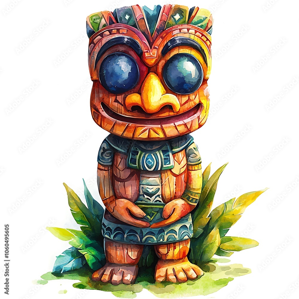 Watercolor Illustration of a Traditional Tiki Idol with Lush Tropical Foliage. Watercolor Illustration of a Traditional Tiki Idol with Lush Tropical Foliage.