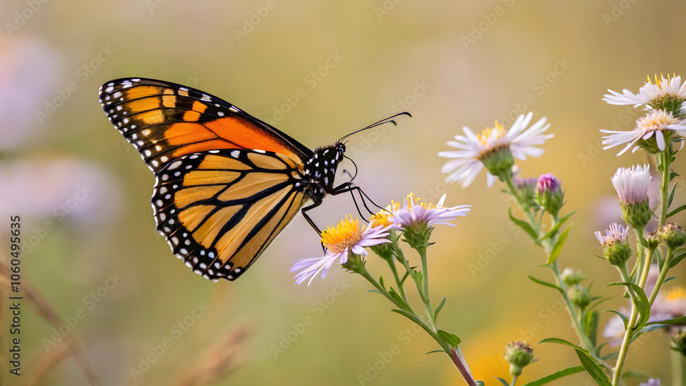 vibrant monarch butterfly perched on delicate flowers, showcasing its striking orange and black wings against soft, blurred background. scene captures beauty of nature and intricate details of vibrant monarch butterfly perched on delicate flowers, showcasing its striking orange and black wings against soft, blurred background. scene captures beauty of nature and intricate details of