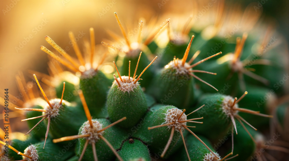 Close-up of a vibrant green cactus with sharp golden spines illuminated by warm sunlight, capturing the beauty and resilience of desert flora Close-up of a vibrant green cactus with sharp golden spines illuminated by warm sunlight, capturing the beauty and resilience of desert flora