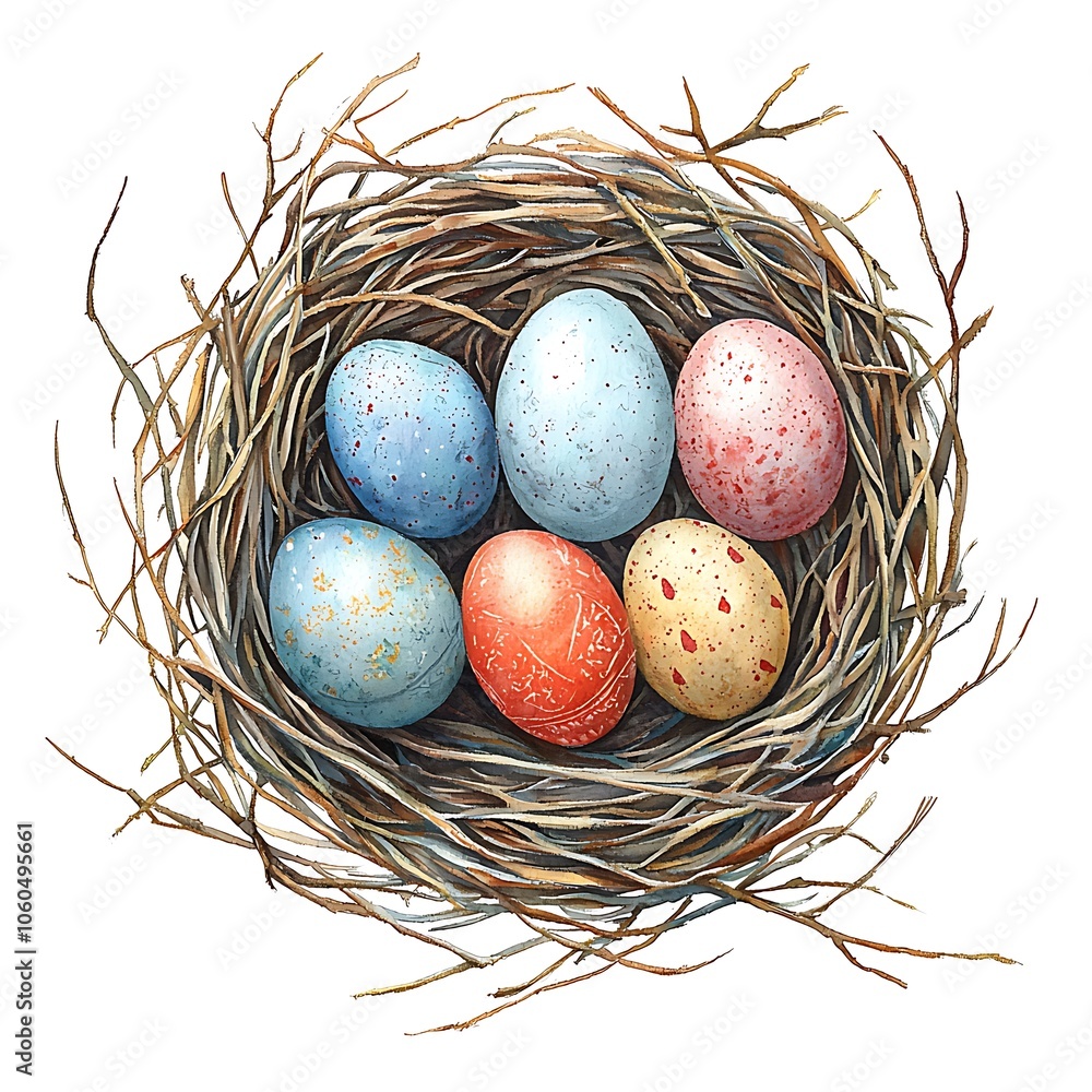 Obraz premium Watercolor Painting of a Nest with Five Eggs.