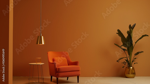 A room with a chair and a potted plant. The chair is orange and the plant is tall. The room is bright and sunny, with a lot of natural light coming in through the window. The room has a modern