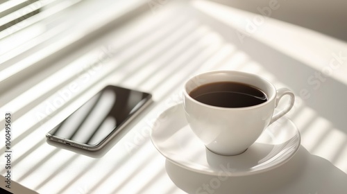 A serene morning unfolds with a cup of steaming coffee beside a sleek smartphone, basking in soft sunlight that creates intricate shadow patterns on a white table.