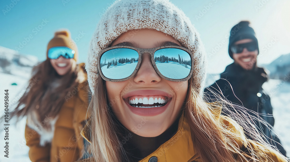 Group of happy young friends skiers and snowboarders are having fun at ski resort Group of happy young friends skiers and snowboarders are having fun at ski resort