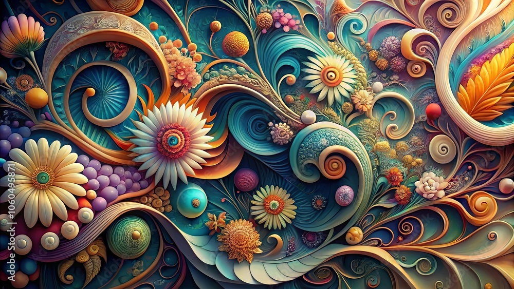 A swirling tapestry of abstract floral patterns and vibrant hues, an intricate and captivating interplay of textures and shapes A swirling tapestry of abstract floral patterns and vibrant hues, an intricate and captivating interplay of textures and shapes