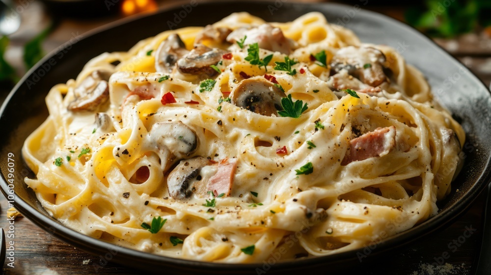 Creamy Fettuccine Alfredo with Mushrooms and Parsley on a White Plate, Delicious Italian Cuisine Dish Creamy Fettuccine Alfredo with Mushrooms and Parsley on a White Plate, Delicious Italian Cuisine Dish
