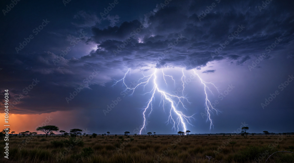Powerful lightning storm illuminating the night sky over an open savanna landscape, capturing the raw energy and dramatic beauty of nature’s forces Powerful lightning storm illuminating the night sky over an open savanna landscape, capturing the raw energy and dramatic beauty of nature’s forces