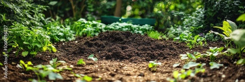 A compost pile enhances soil health while plants flourish in the surrounding garden, showcasing the beauty of organic gardening. Generative AI