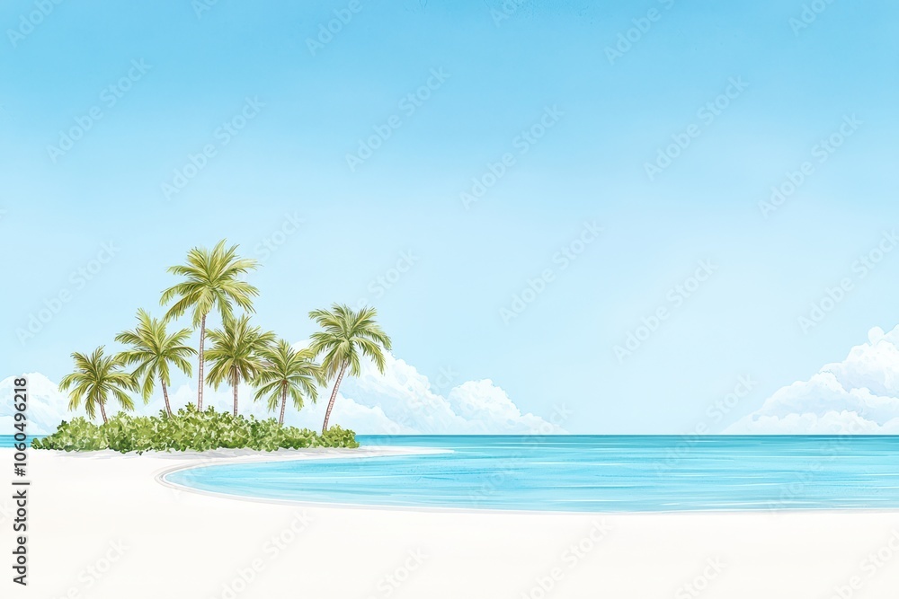 Tranquil beach scene with palm trees, clear blue water, and a serene sky. Tranquil beach scene with palm trees, clear blue water, and a serene sky.