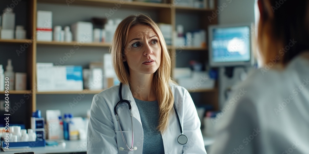 Two women engaged in a medical consultation. One woman is likely the doctor, wearing a white coat and stethoscope, while the other represents the patient. Two women engaged in a medical consultation. One woman is likely the doctor, wearing a white coat and stethoscope, while the other represents the patient.