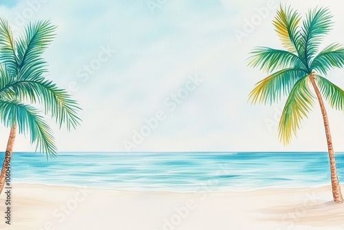 Tropical beach scene with palm trees and a serene ocean view under a clear blue sky.