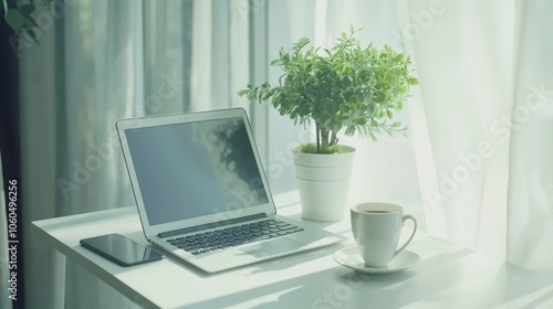 A serene morning unfolds with a cup of steaming coffee beside a sleek smartphone, basking in soft sunlight that creates intricate shadow patterns on a white table.