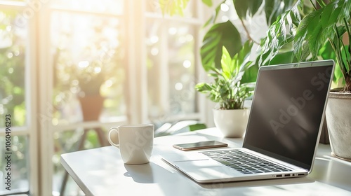 A serene morning unfolds with a cup of steaming coffee beside a sleek smartphone, basking in soft sunlight that creates intricate shadow patterns on a white table.