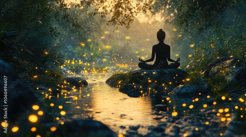 Obraz premium Yoga pose, mindfulness practice, serene forest path at dawn or dusk with fireflies lighting up the path.