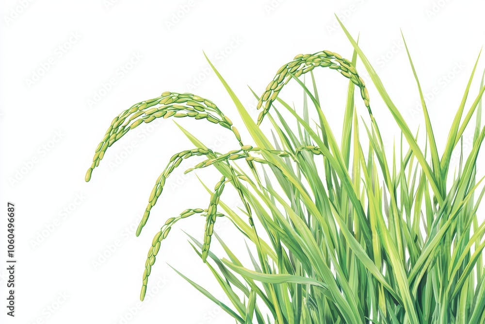 Fototapeta premium Vibrant rice plant with green stalks and grain, isolated on a white background.