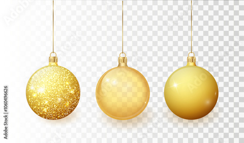 Gold Christmas tree toy set isolated on a transparent background. Stocking Christmas decorations. Vector object for christmas design, mockup. Vector realistic Illustration