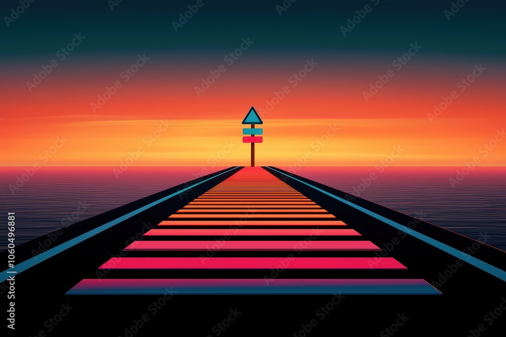 Vibrant sunset over a geometric pathway leading towards a sign, creating a surreal travel scene. Vibrant sunset over a geometric pathway leading towards a sign, creating a surreal travel scene.