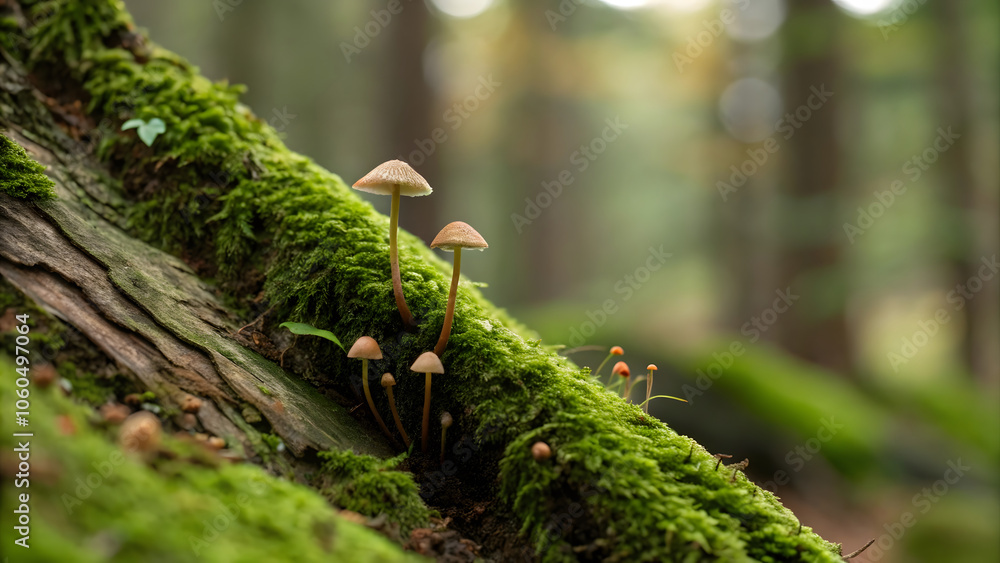 Obraz premium cluster of mushrooms growing on moss covered log in forest, showcasing nature beauty and tranquility. soft focus background enhances serene atmosphere