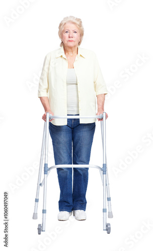 Senior, portrait or woman with walker for healthcare, retirement or old age home on a white studio background. Elderly, model or person with a disability or walking aid for medical assistance or help