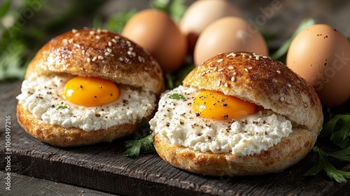 Delicious Cottage Cheese Buns on a Rustic Wooden Table with Quail Eggs and Fresh Ingredients Displayed