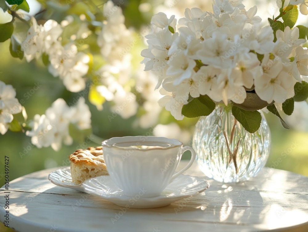 A delicate tea set on a table with flowers in the background, suggesting a warm and sunny day. A delicate tea set on a table with flowers in the background, suggesting a warm and sunny day.