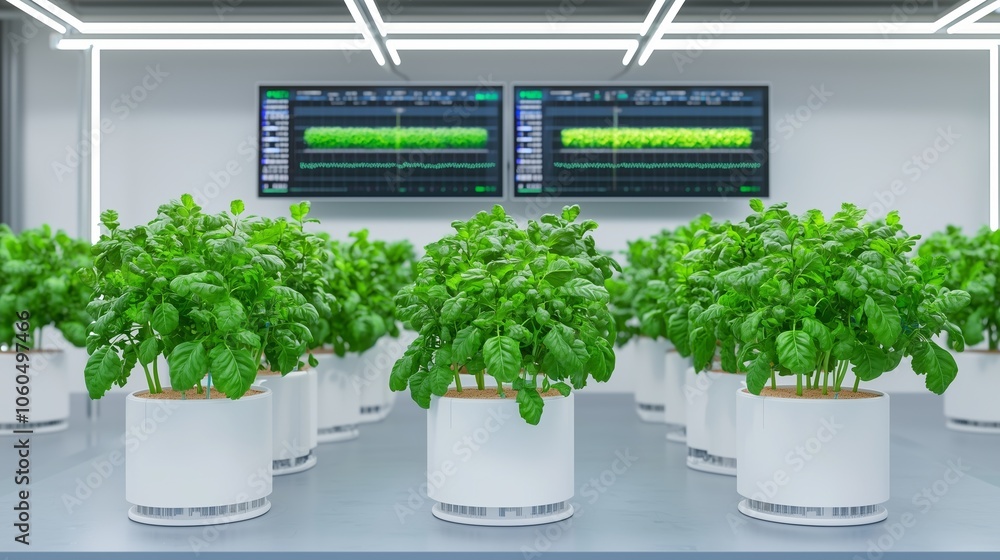 Fototapeta premium High-tech control room monitoring the growth of crops in vertical farming systems, with real-time data displayed on multiple.
