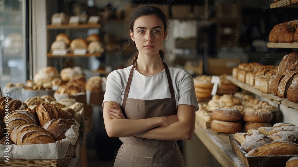 Woman in bakery standing arms crossed wearing apron surrounded by bread and pastries in indoor bakery shop interior. Woman in bakery standing arms crossed wearing apron surrounded by bread and pastries in indoor bakery shop interior.